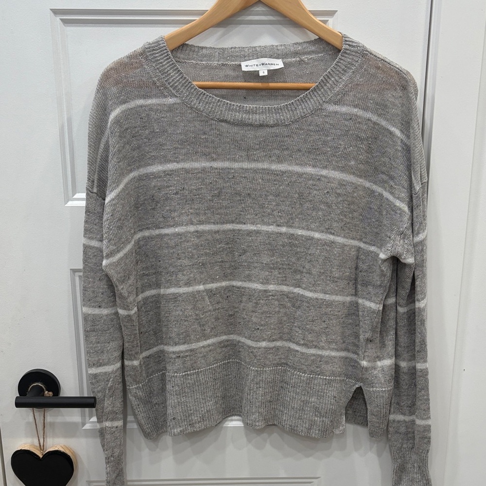 White + Warren Gray and White Striped Linen Sweater